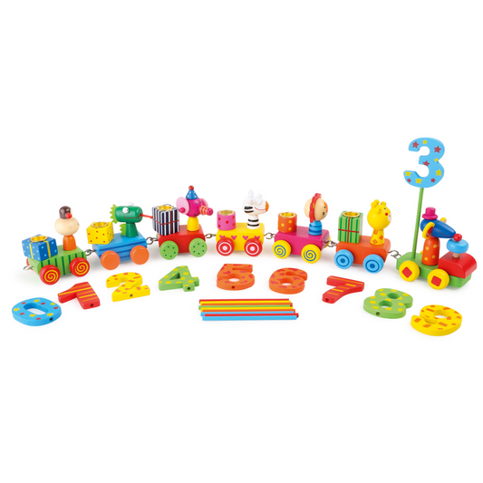 Jumping jack birthday train animal party made of wood